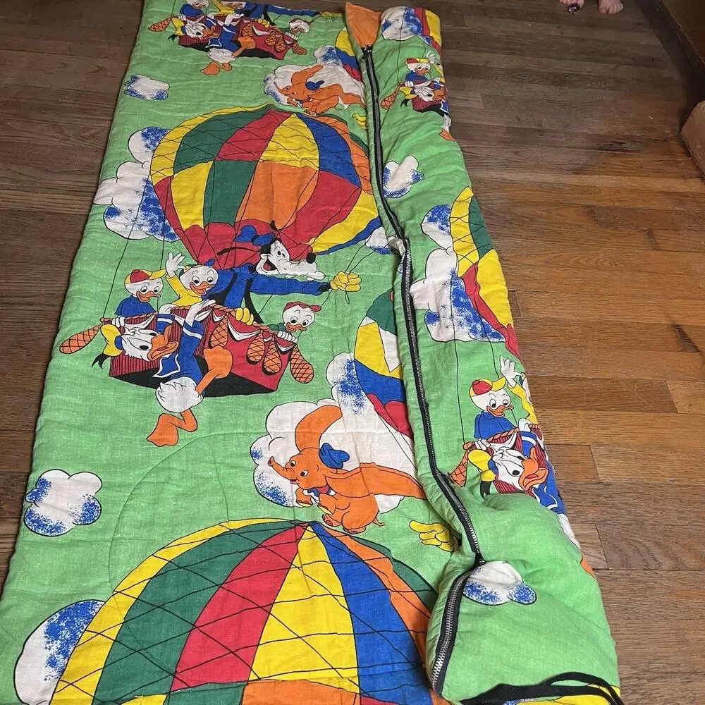 Vintage Disney Sleeping Bag Mickey Minnie Mouse Goofy Hot Air Balloon 32x60